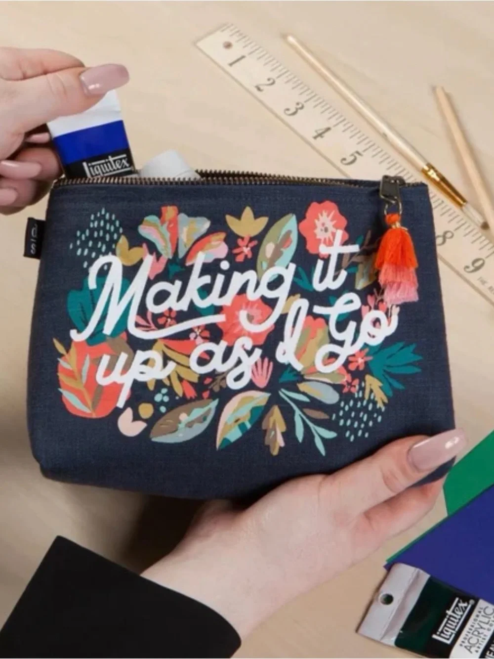 Making It Up As I Go Linen Zip Cosmetic Pouch